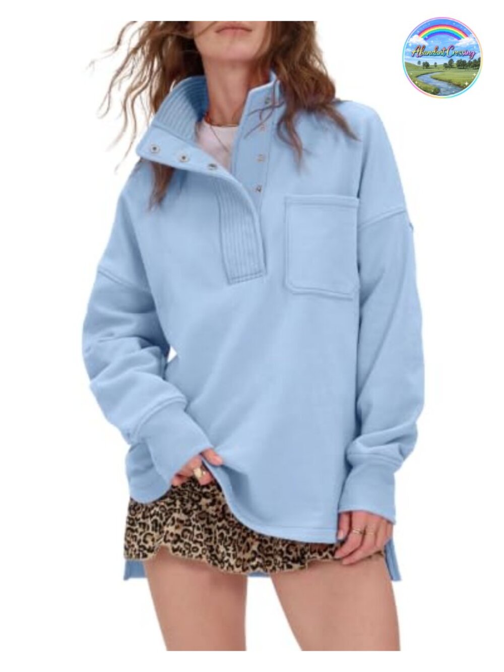 Oversized Snap Button Henley Sweatshirt Cotton Blend Long Sleeve Pullover